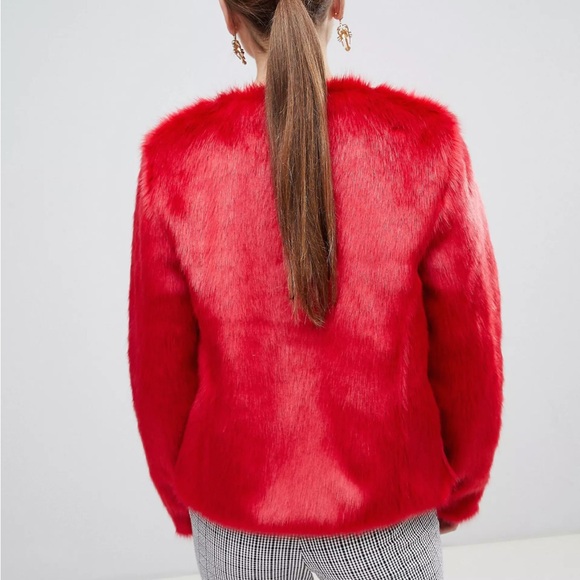 Red Unreal Fur Collarless Faux Jacket - Picture 3 of 5